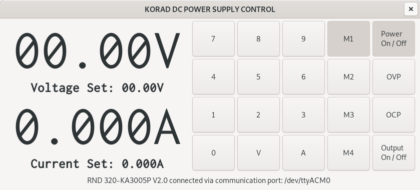 Sučelje aplikacije iz 2021., spojeno s napajanjem na /dev/ttyACM0 Sučelje aplikacije KORAD DC POWER SUPPLY CONTROL