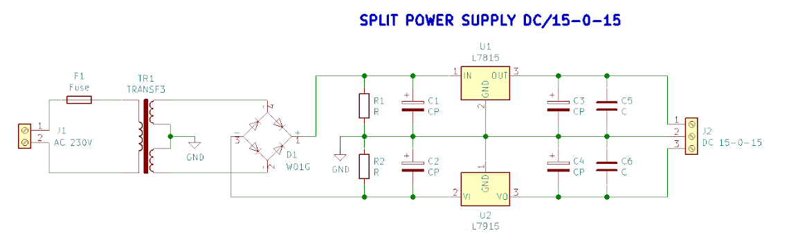 Schematic of the DC 15-0-15 V split power supply, rev. 0.0.1 Schematic of the ±15 V split-rail power supply