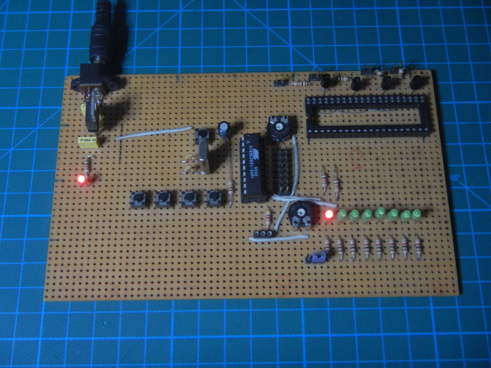 My homemade AT89C2051 development board Homemade development board with an AT89C2051, push buttons and a row of LEDs
